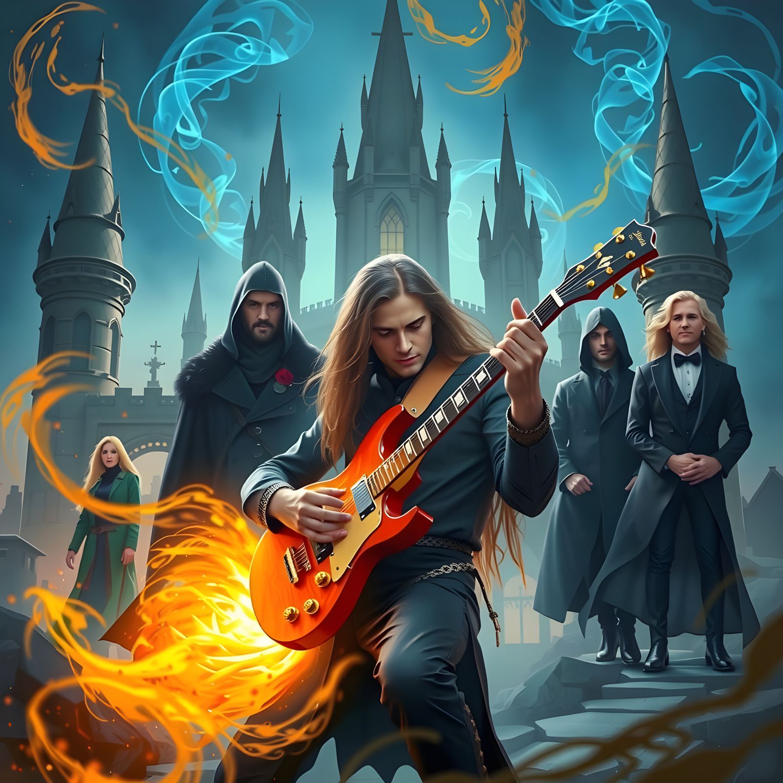 Epic Fantasy Scene with Glowing Guitar and Majestic Castle