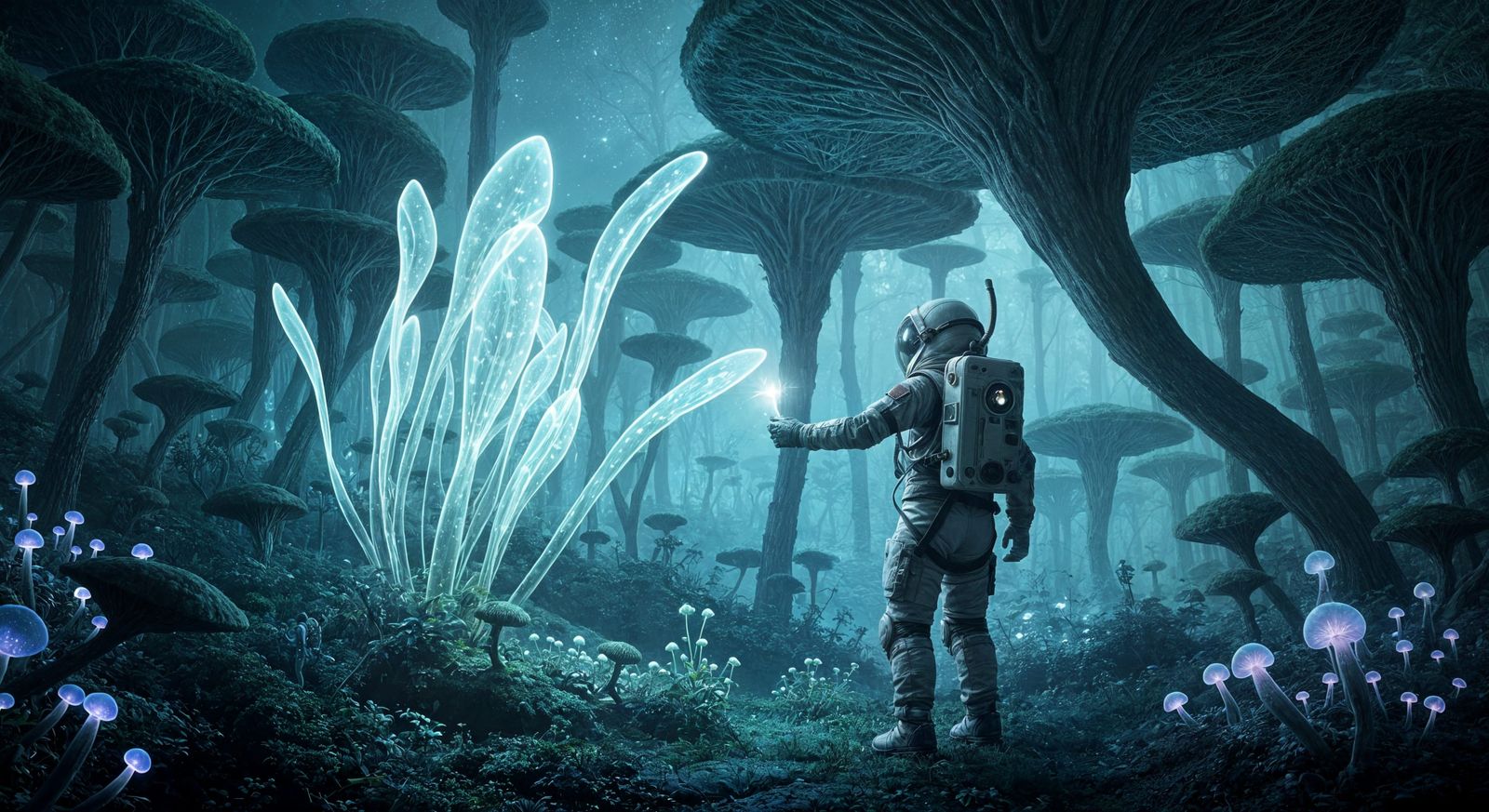 Astronaut Explores Bioluminescent Alien Fungal Forest