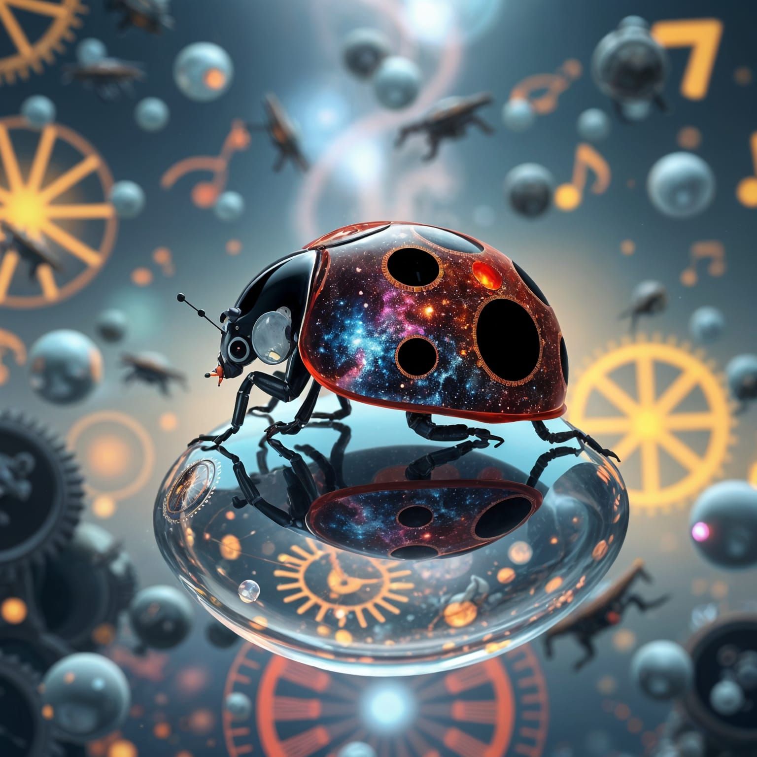 Starlight Ladybug on Soap Bubble Reflecting Universes