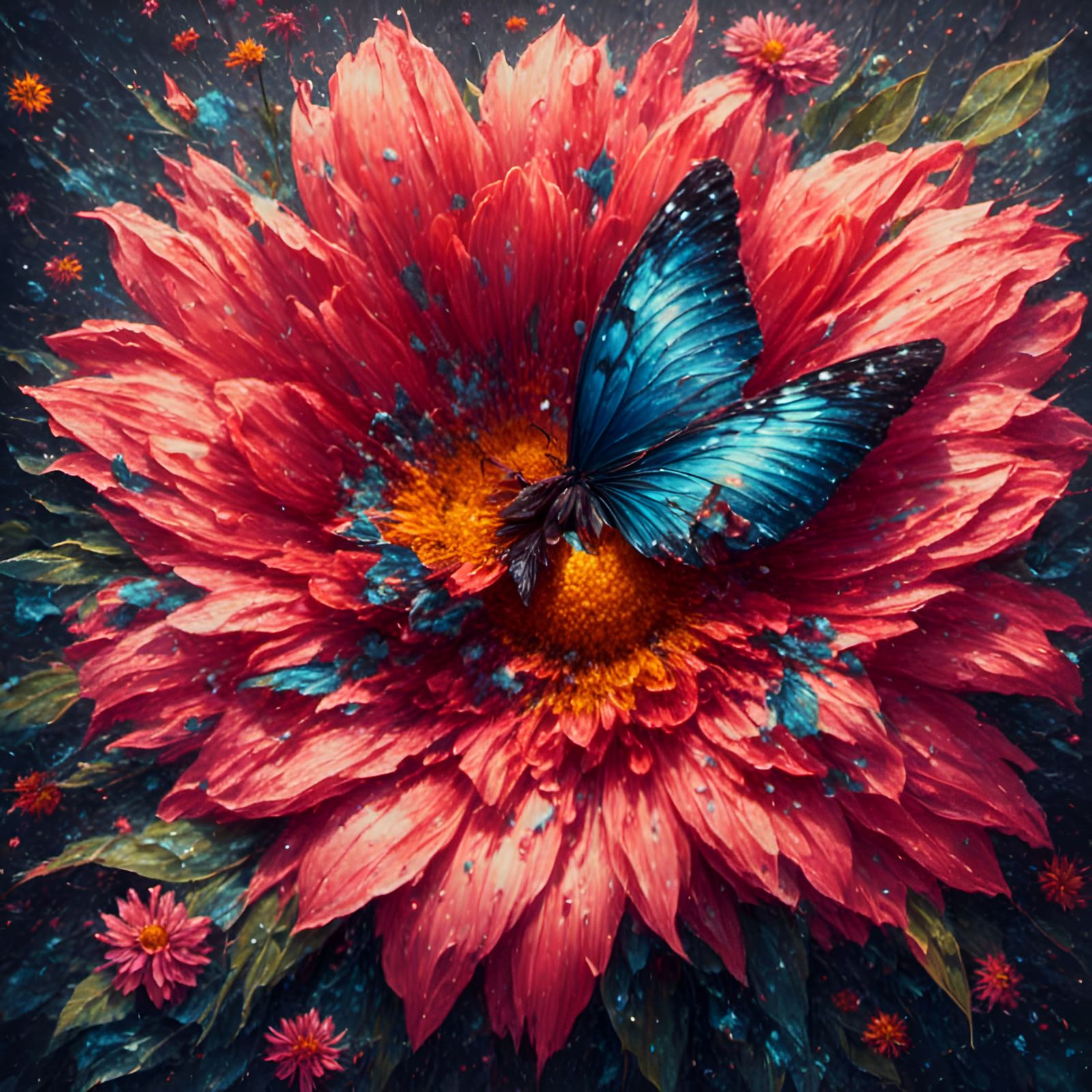Flower and Butterfly in Post-Impressionist Style