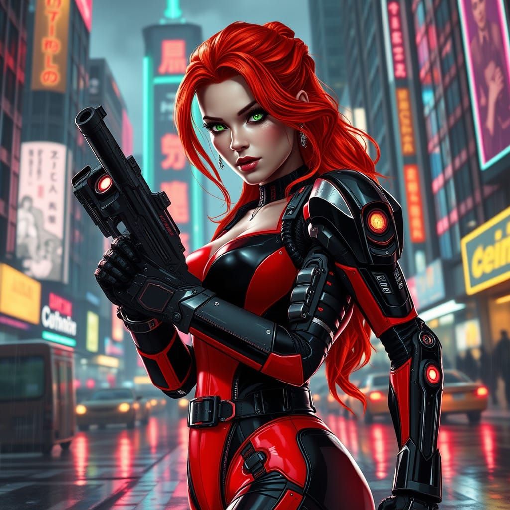 Cyberpunk Femme Fatale in High-Tech Power Armor