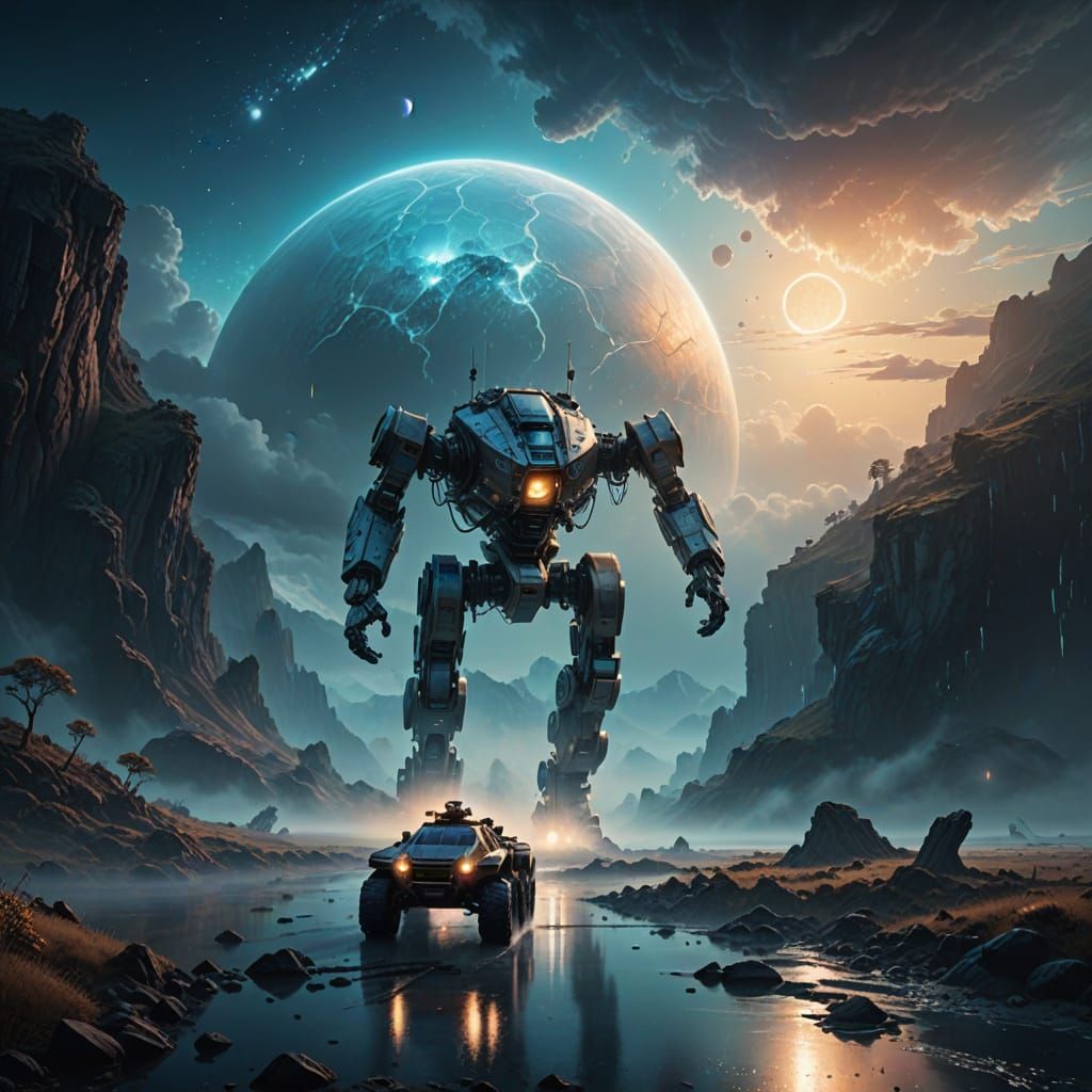 Surreal Digital Art of Robotic Vehicle in Titan's Ethereal L...