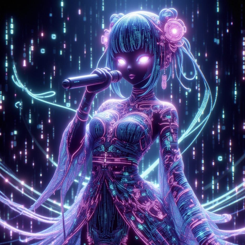 Anime Alien Model in Bioluminescent Japanese Dress with Bina...