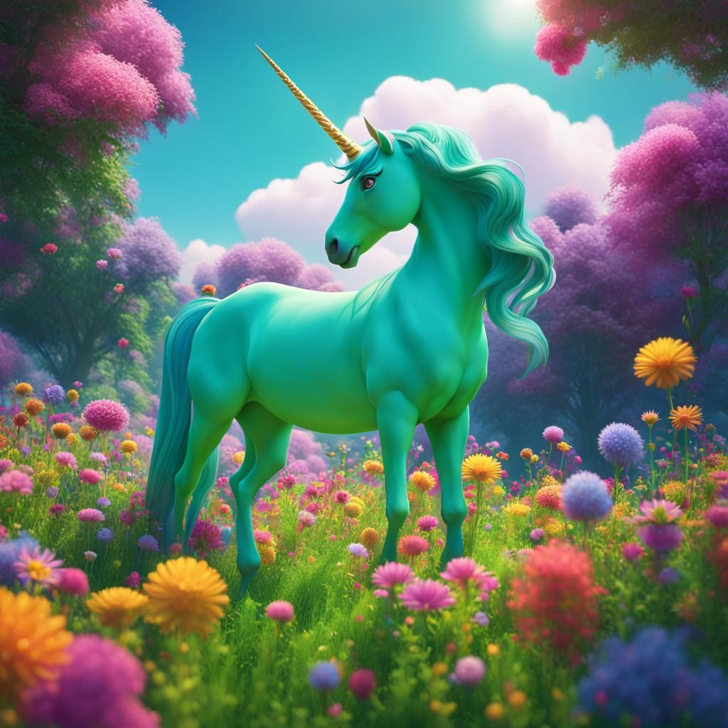 Majestic Unicorn in a Fantastical Meadow: 3D Digital Art