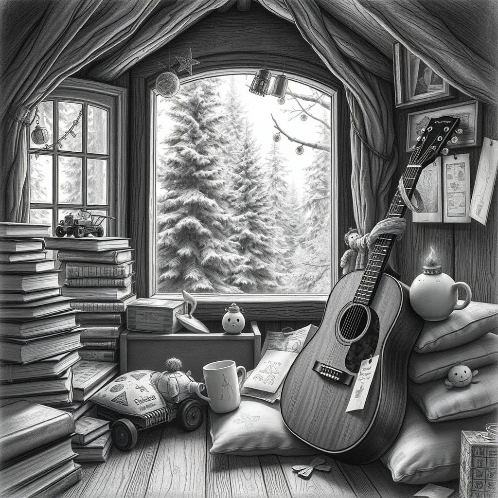 Whimsical Christmas Treehouse Interior in Graphite Pencil