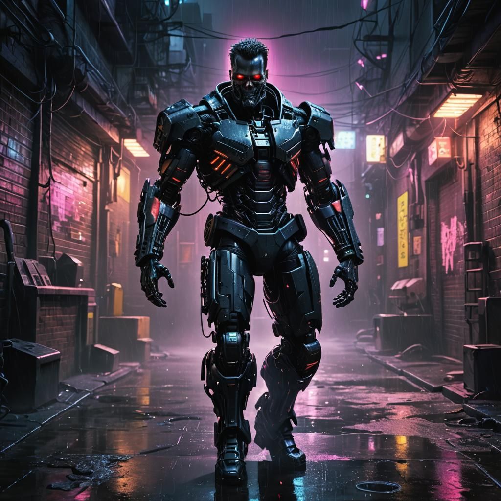 Terminator T800 in Cyberpunk Alleyway