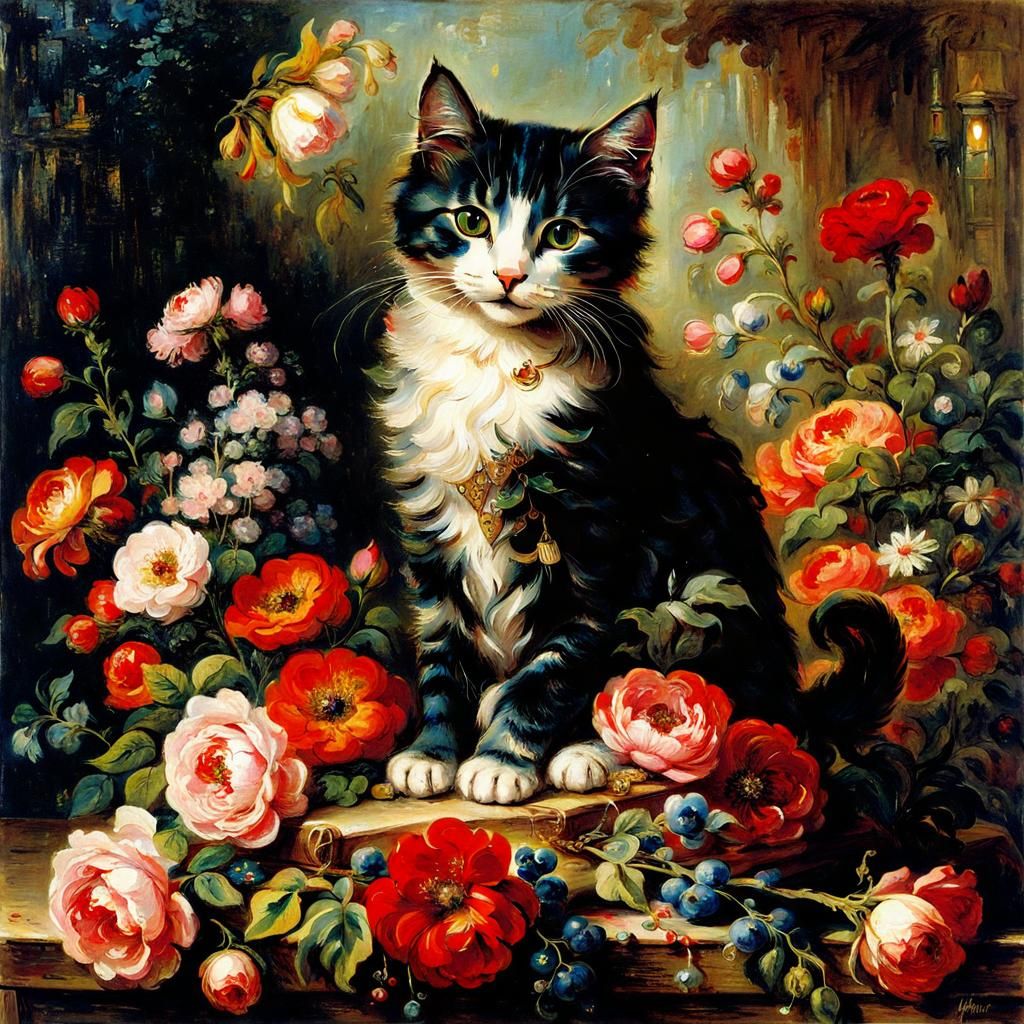 Cute Cat Surrounded by Flowers in Symbolic Style