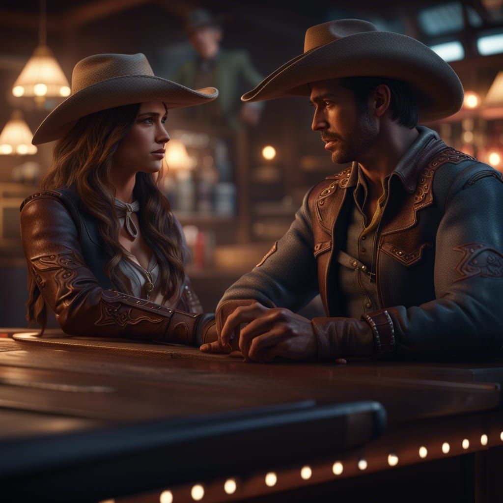 Cowgirl and Cowboy in Bar: Hyperrealistic Character Design