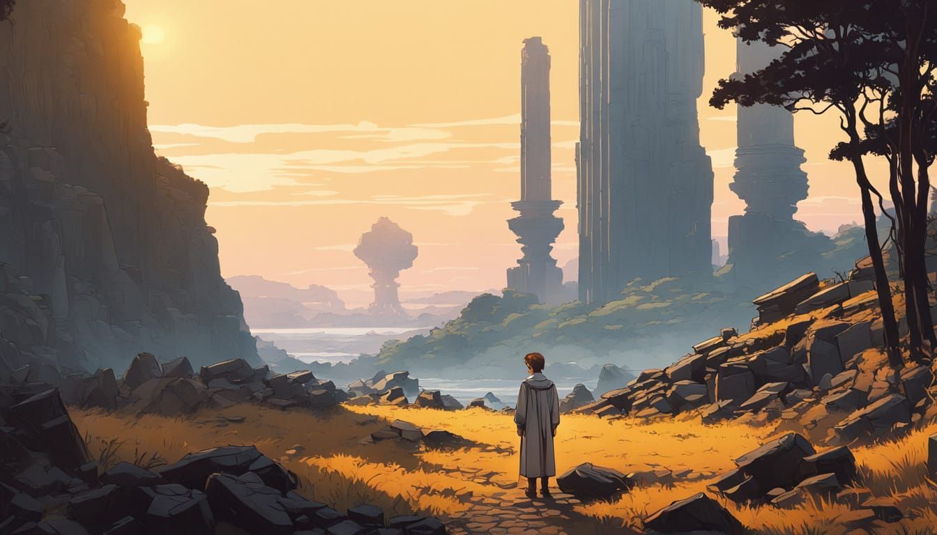 Serene Logan Stands Amidst Forgotten City Ruins in Sunset Gl...