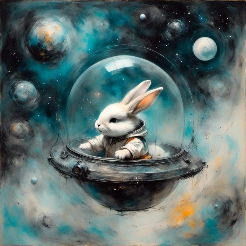 Toddler and Bunny in Spaceship, Chalk Art