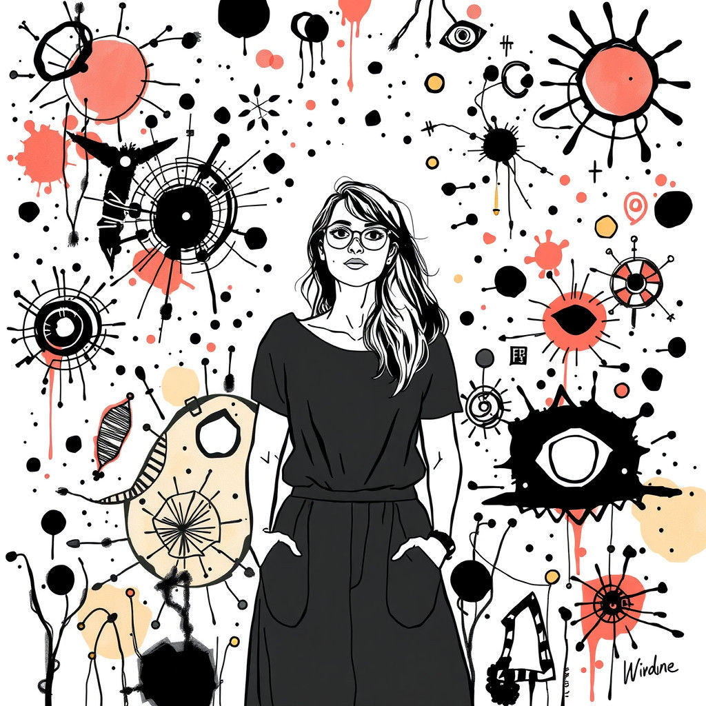 Whimsical Doodle World with Woman in Abstract Illustration