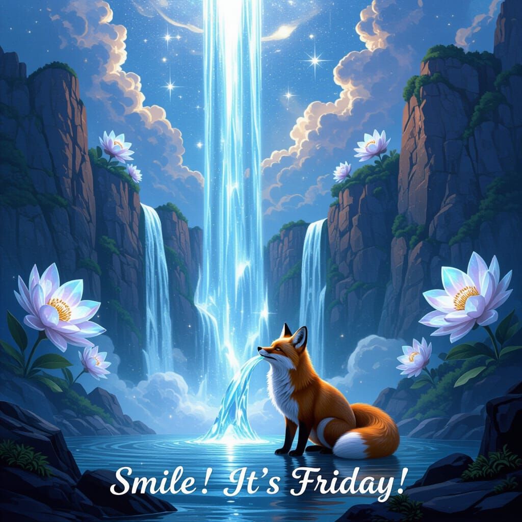 Starlight Waterfall with Giant Fox and Crystal Flowers