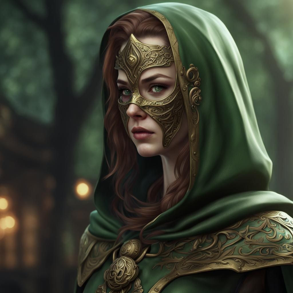 Fantasy Female Warrior in Bronze Mask, Detailed Painting