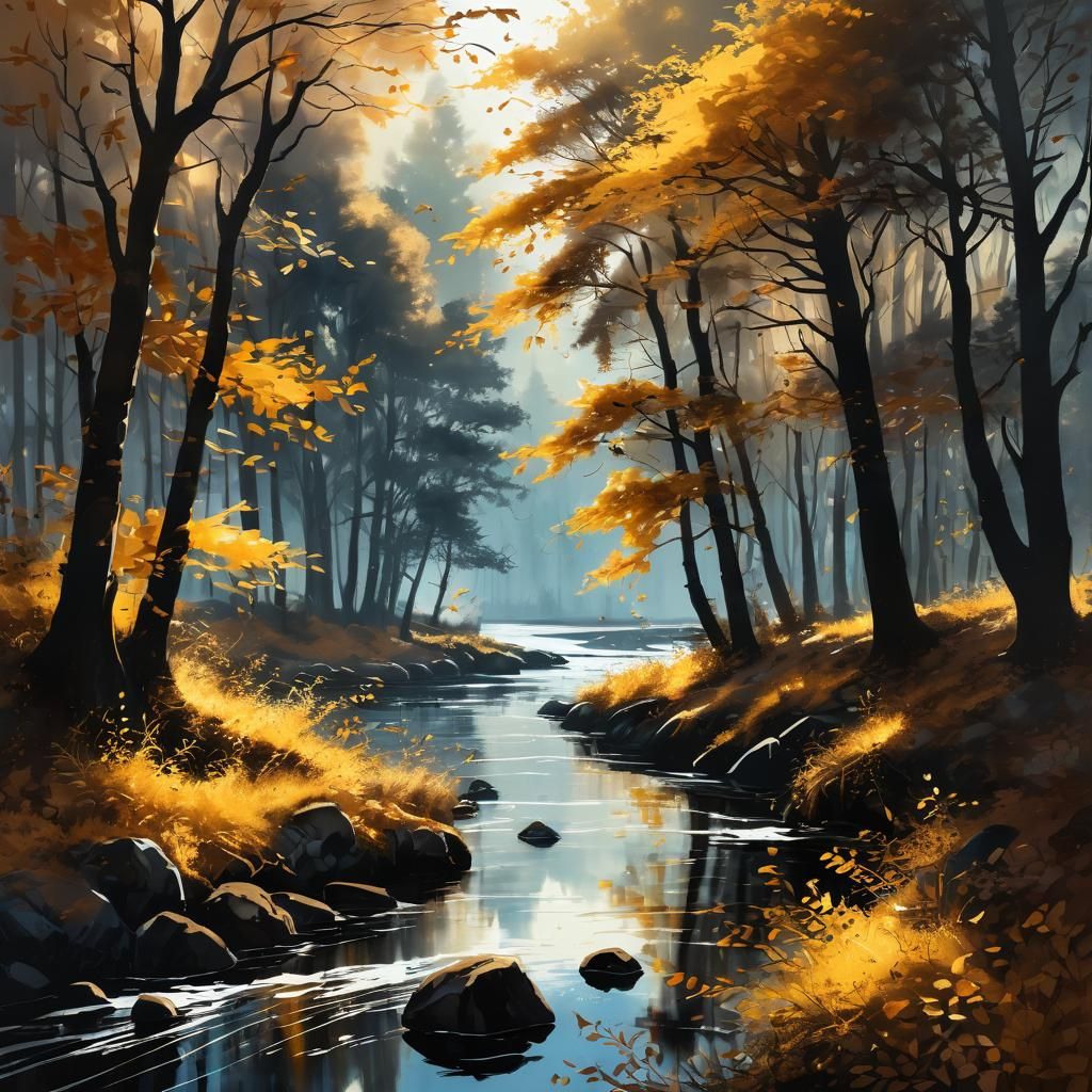 Golden Autumn River: Ink Painting in Sunlight