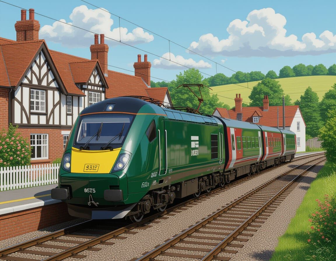 Detailed Modern Electric Train in English Village