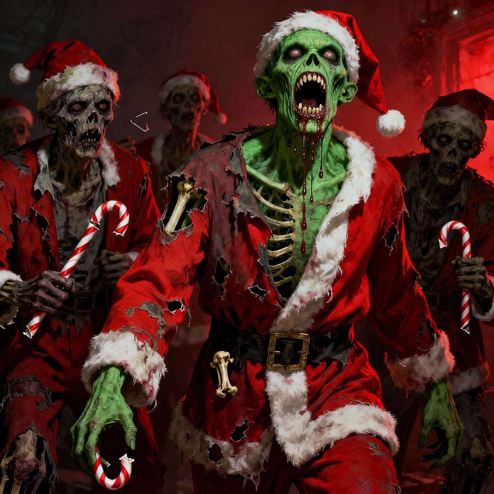 Green Ghoul in Santa Outfit with Zombie Helpers