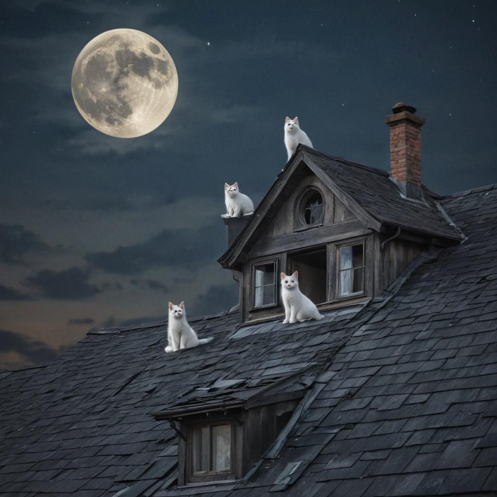 Ethereal Ghost Cats on a Rooftop at Night