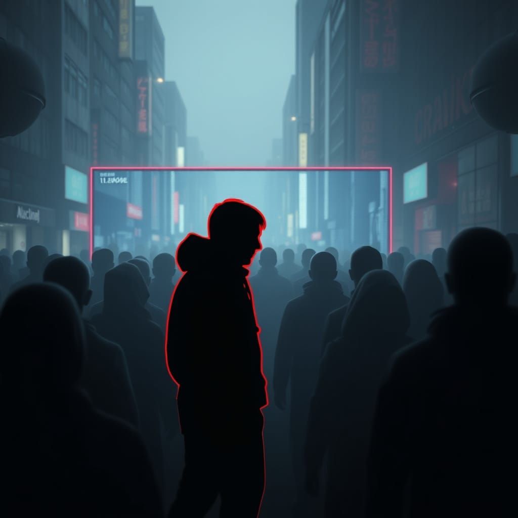 Surveillance State: Lone Figure in Faceless Crowd