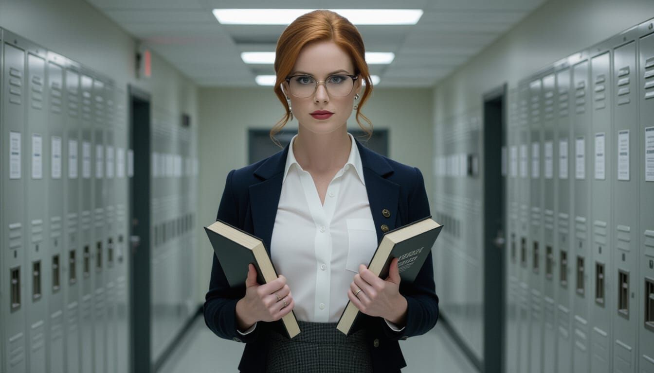 Redhead Assassin in Dark Academic Hallway