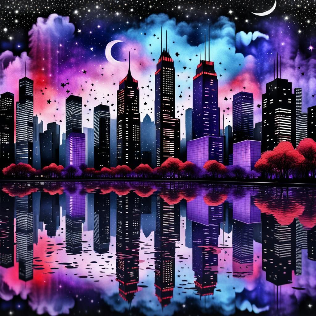 Neon Gothic Cityscape at Night in Surreal Watercolor