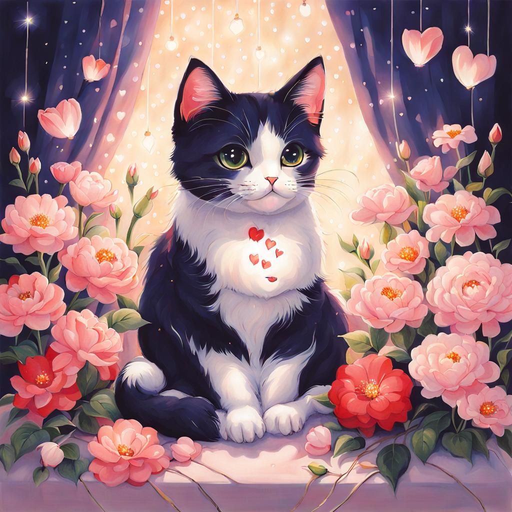 Cat on Pillow with Flowers in Anime Style