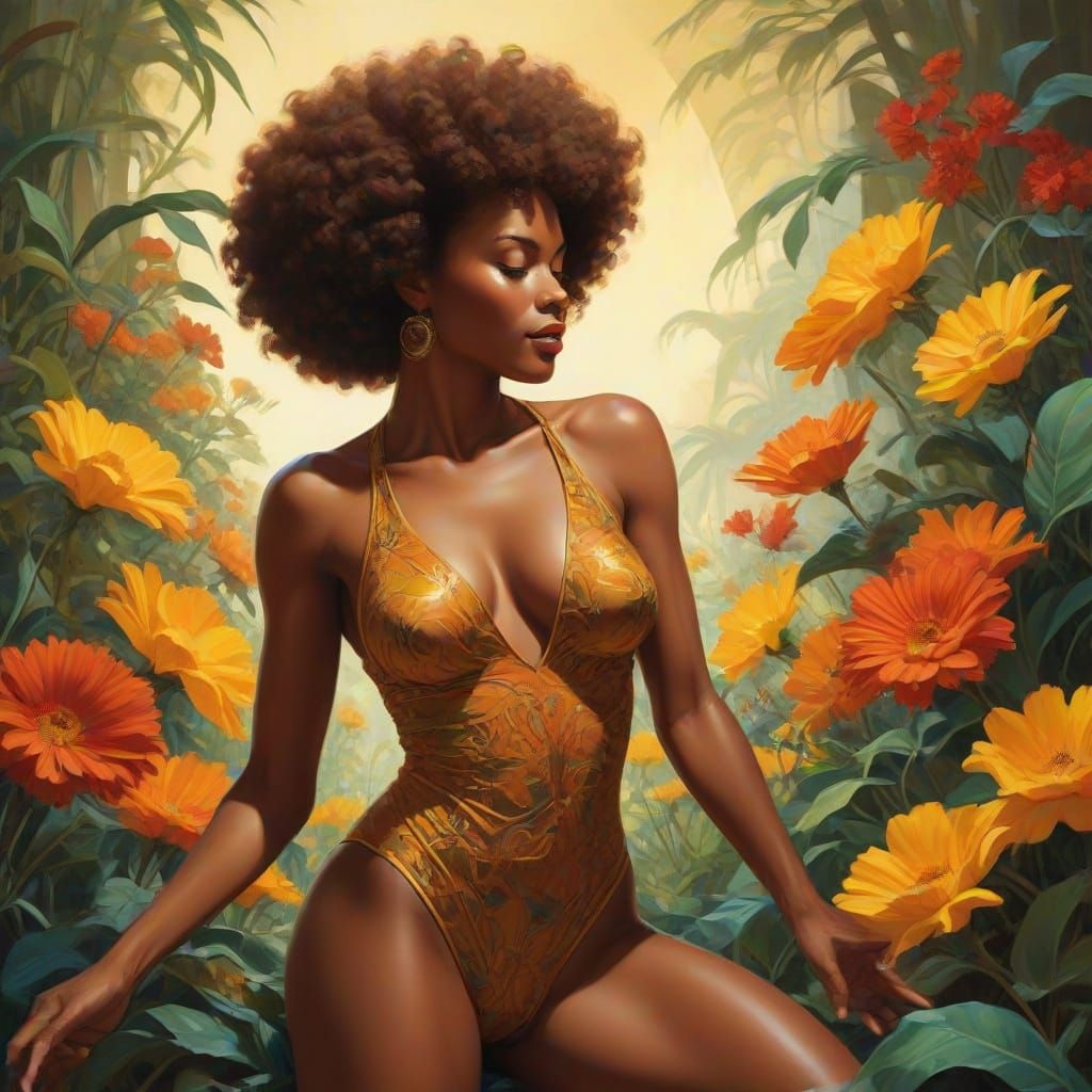 African American Woman Tending Glowing Flowers in Ernie Barn...