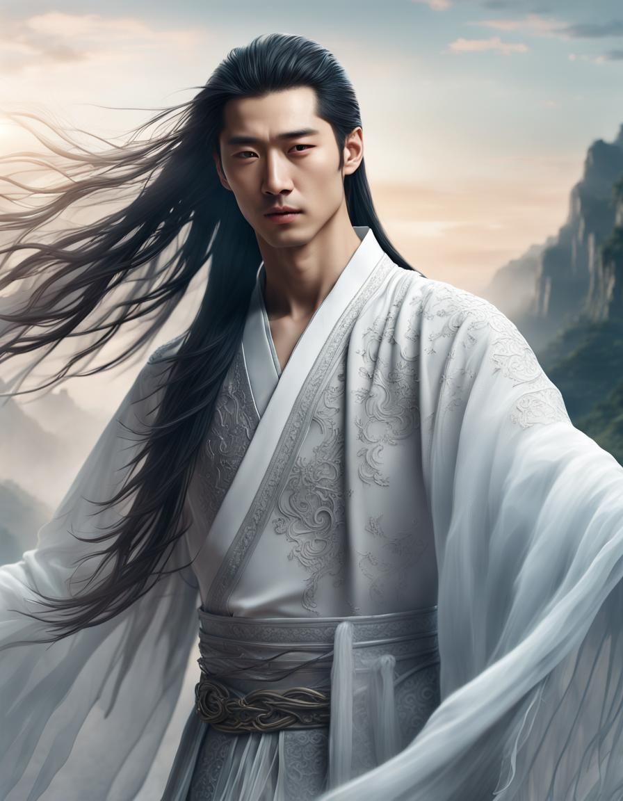 Handsome Chinese Man in Flowing White Clothing