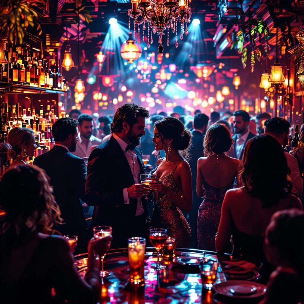Energetic Bar Scene at Night: Dancing & Cocktails