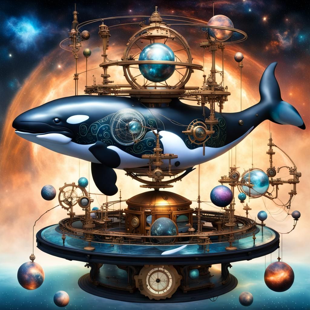 Steampunk Orca in Celestial Orrery Floating in Space