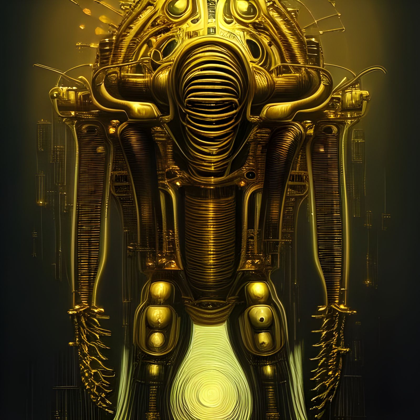 Gilded Mechanical Creature in Dystopian Biomech Style
