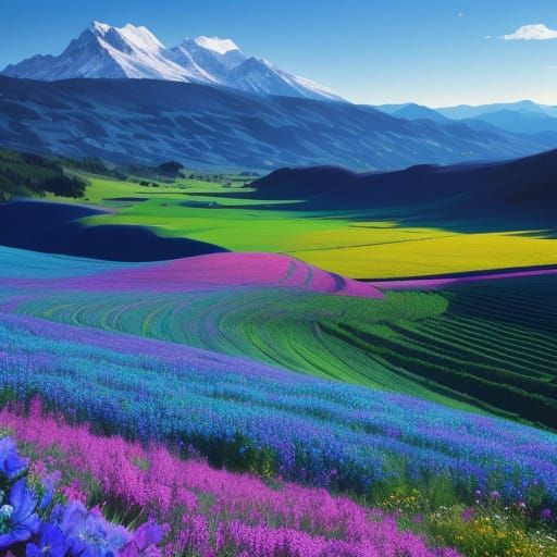 Hyperrealistic Flowered Valley with Vivid Colors