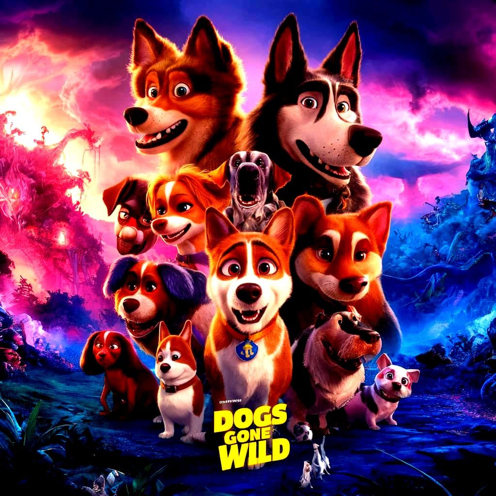 Movie Poster for animated film "Dogs Gone Wild", lots of cool dogs, HDR, ultra-detailed