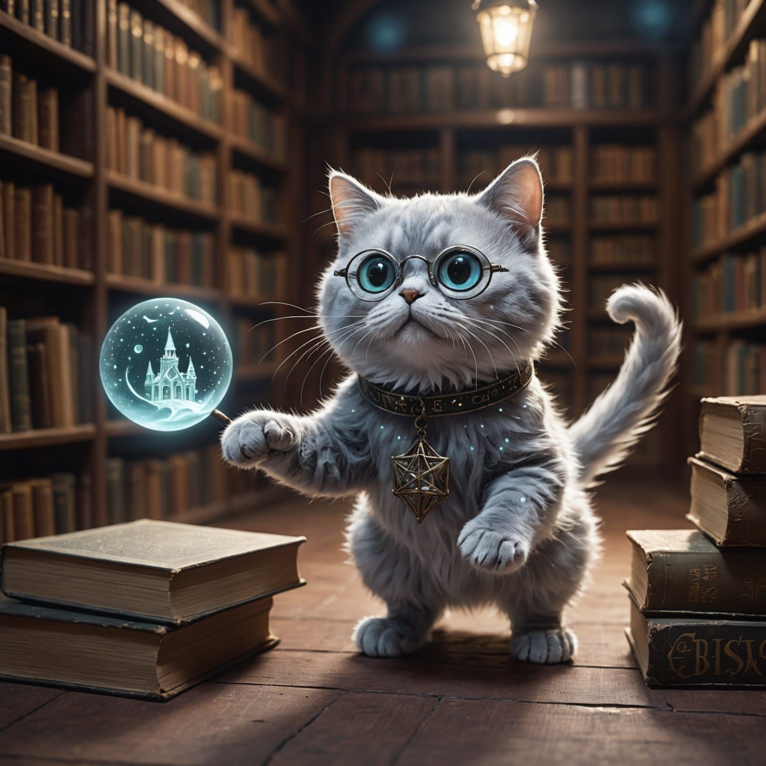 Ghost Cat in Magical Library with Flying Books