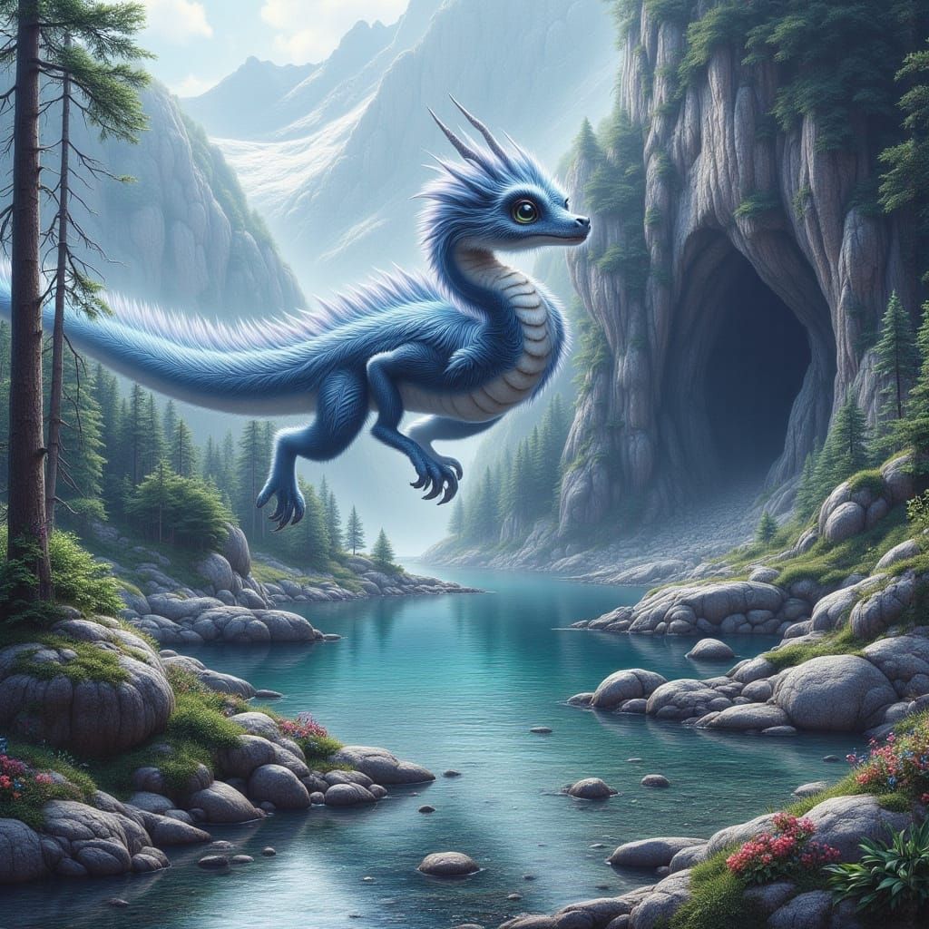 Whimsical Frost Dragon and Dire Wolf Play in a Serene Mounta...