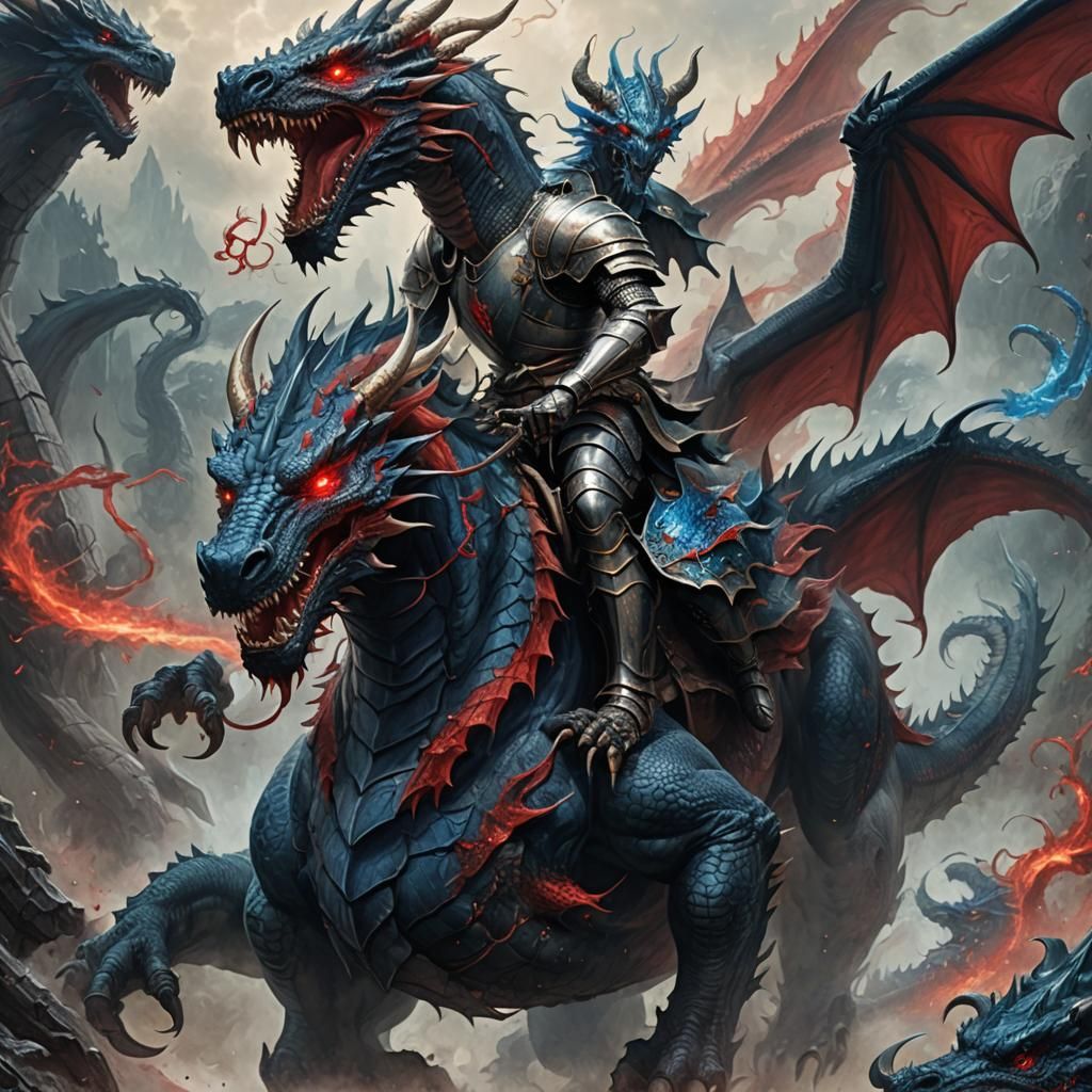 Knight on Two-Headed Dragon in Retro Dark Fantasy