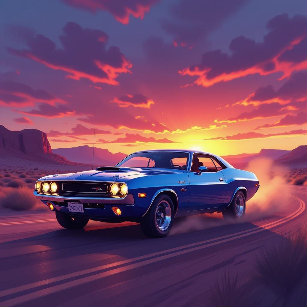 Metallic Blue Muscle Car Powersliding at Sunset