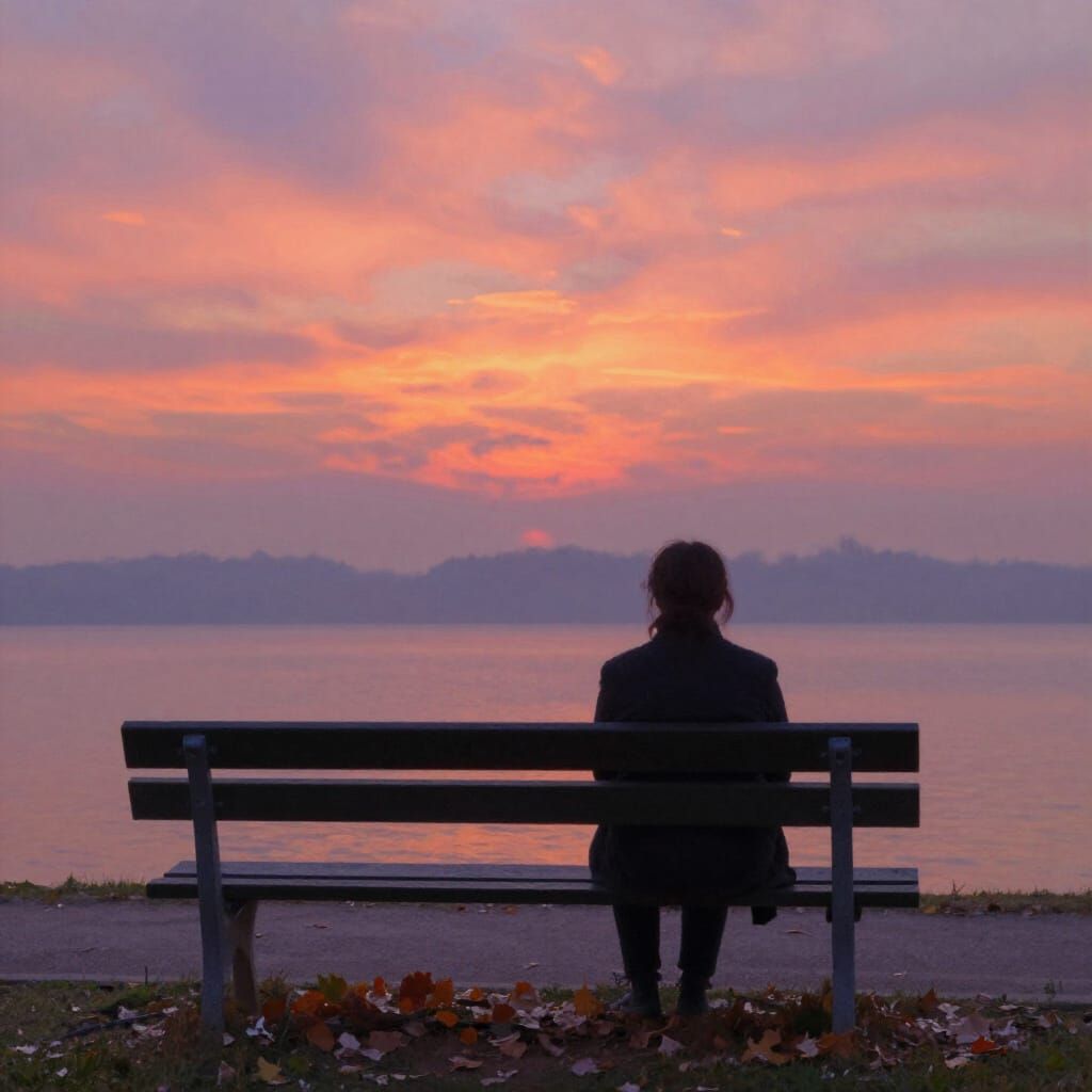 Solitary Figure Contemplates Hazy Sunset on Park Bench