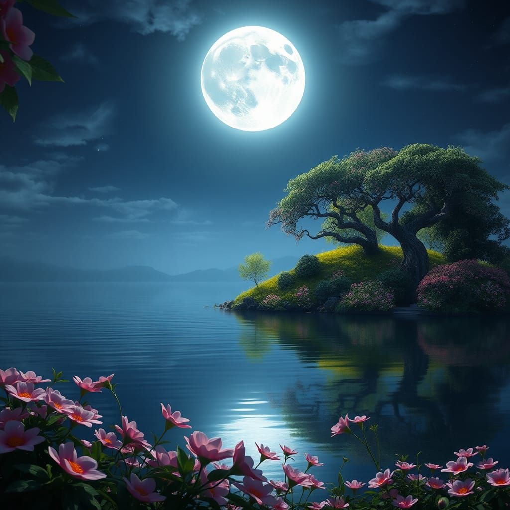 Moonlit Lakeside Oasis in Mystical Realism Style