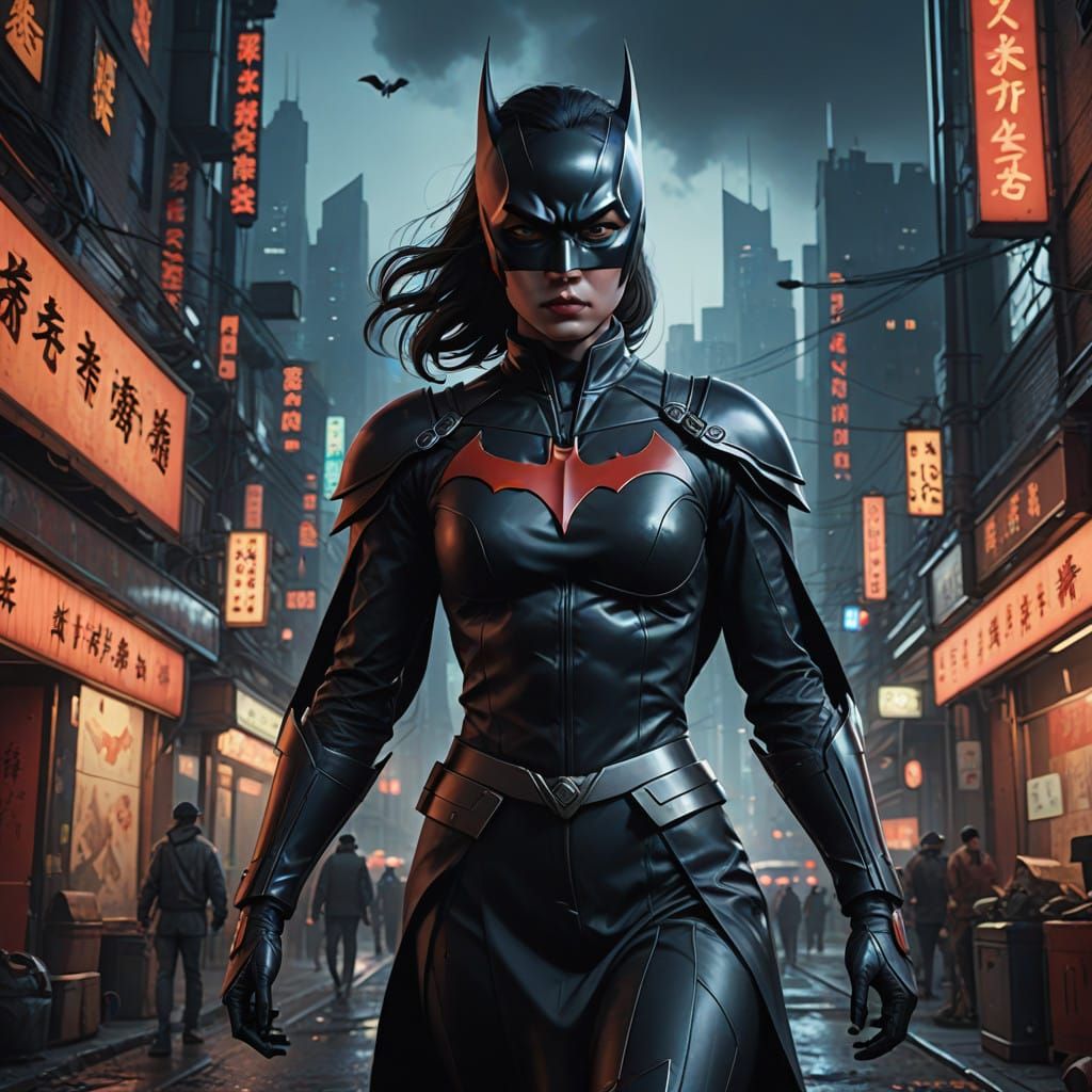 Elegant Batwoman Cosplay in Cyberpunk Metropolis