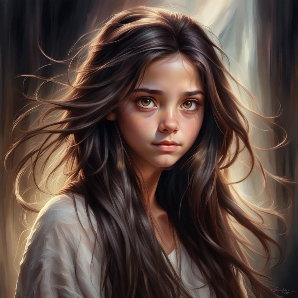 Serene Girl with Flowing Hair, Digital Painting