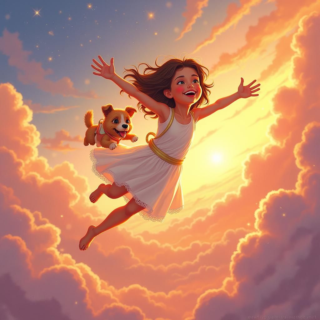 Girl and Dog Soaring Through Sunset Cloudscape
