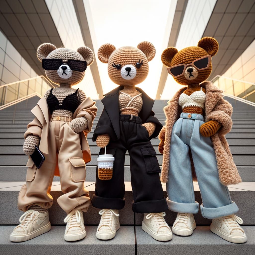 Crochet Teddy Bears Rock Street Fashion in Modern City