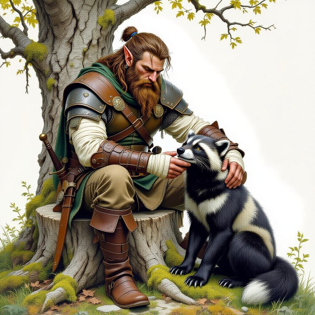 Medieval Elf Warrior and Wolverine in Whimsical Style