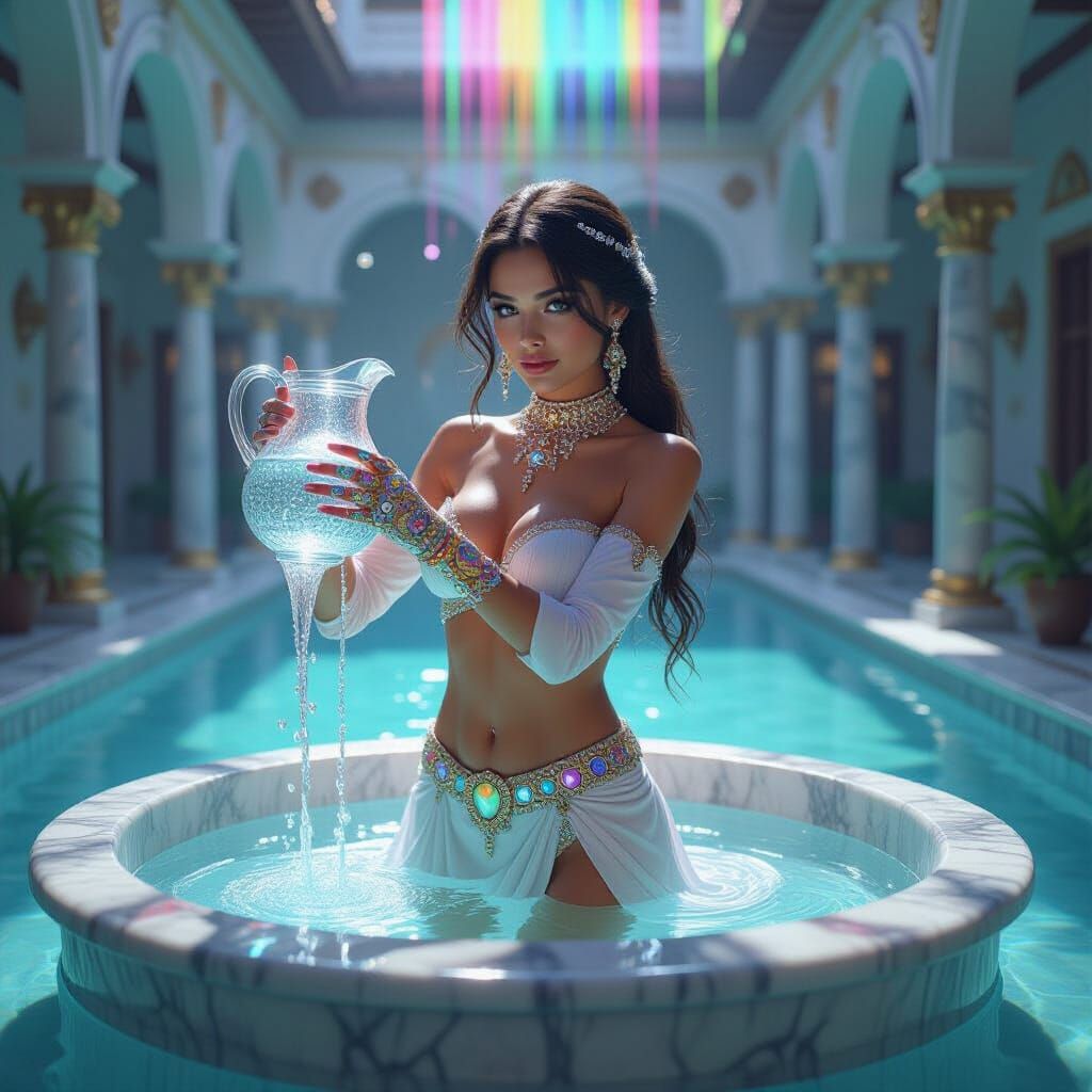 Standing ankle-deep in a shallow marble basin, she lifts a c...