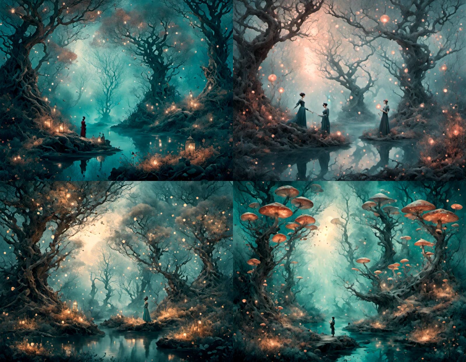 Dreamlike Fantasy Landscape Illustration with Fireflies