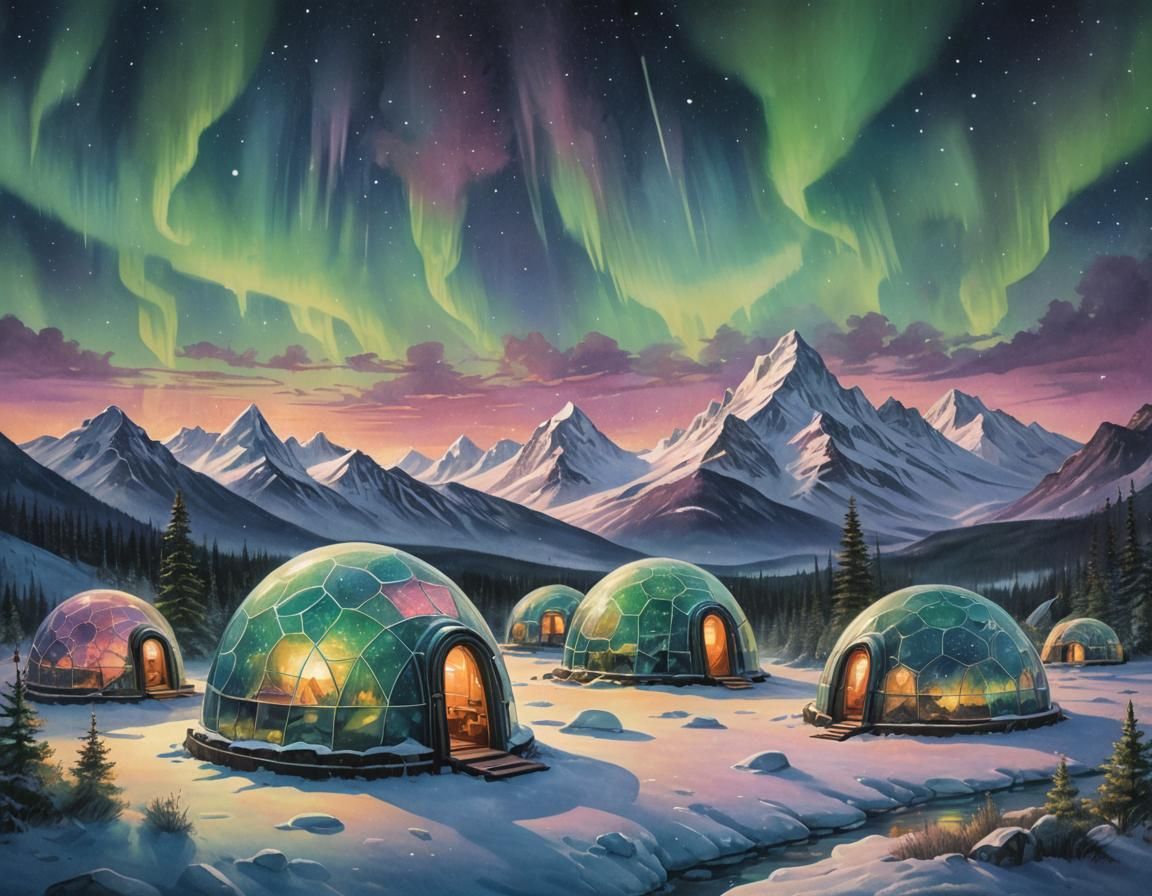 Glass Igloos Under Aurora Borealis in Watercolor