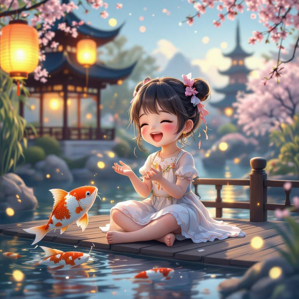 Girl Laughing with Koi in Whimsical Fantasy Garden