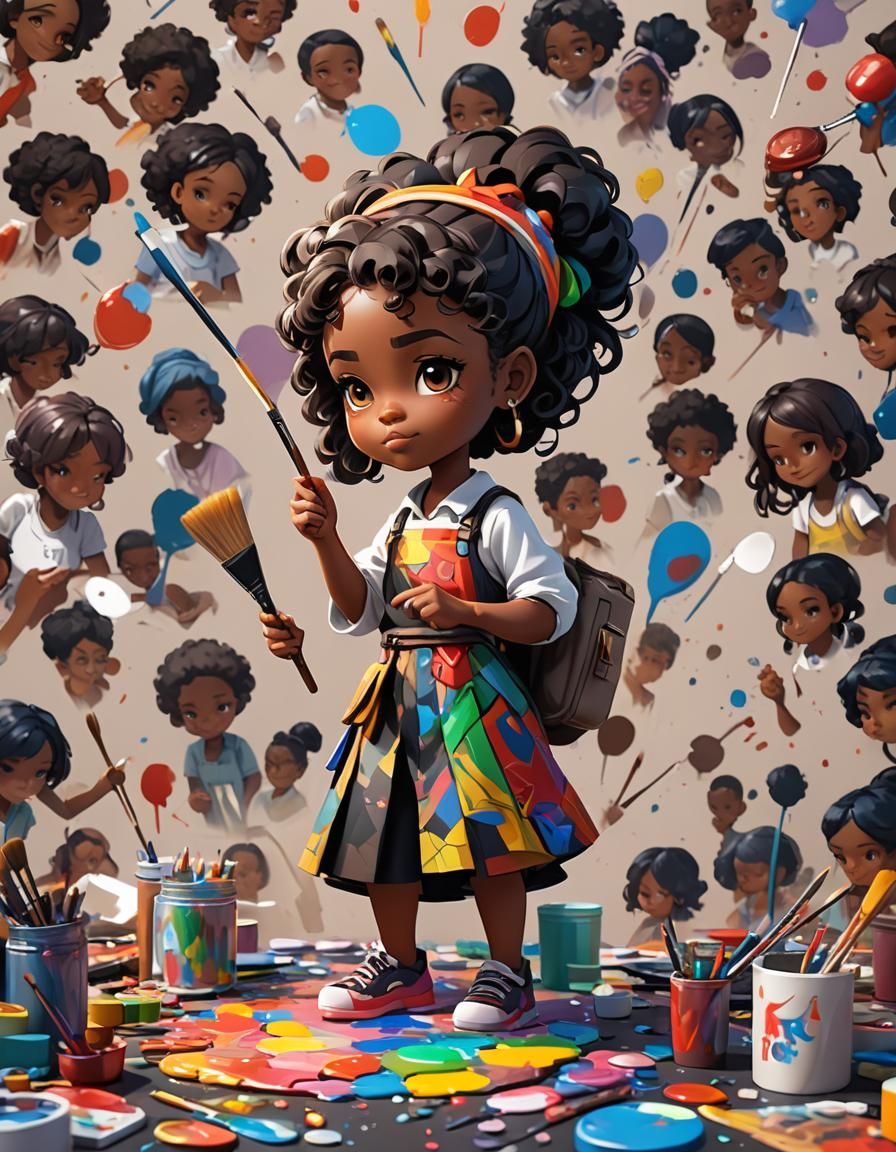 Colorful Chibi Woman Creating Masterpiece in Anime Style