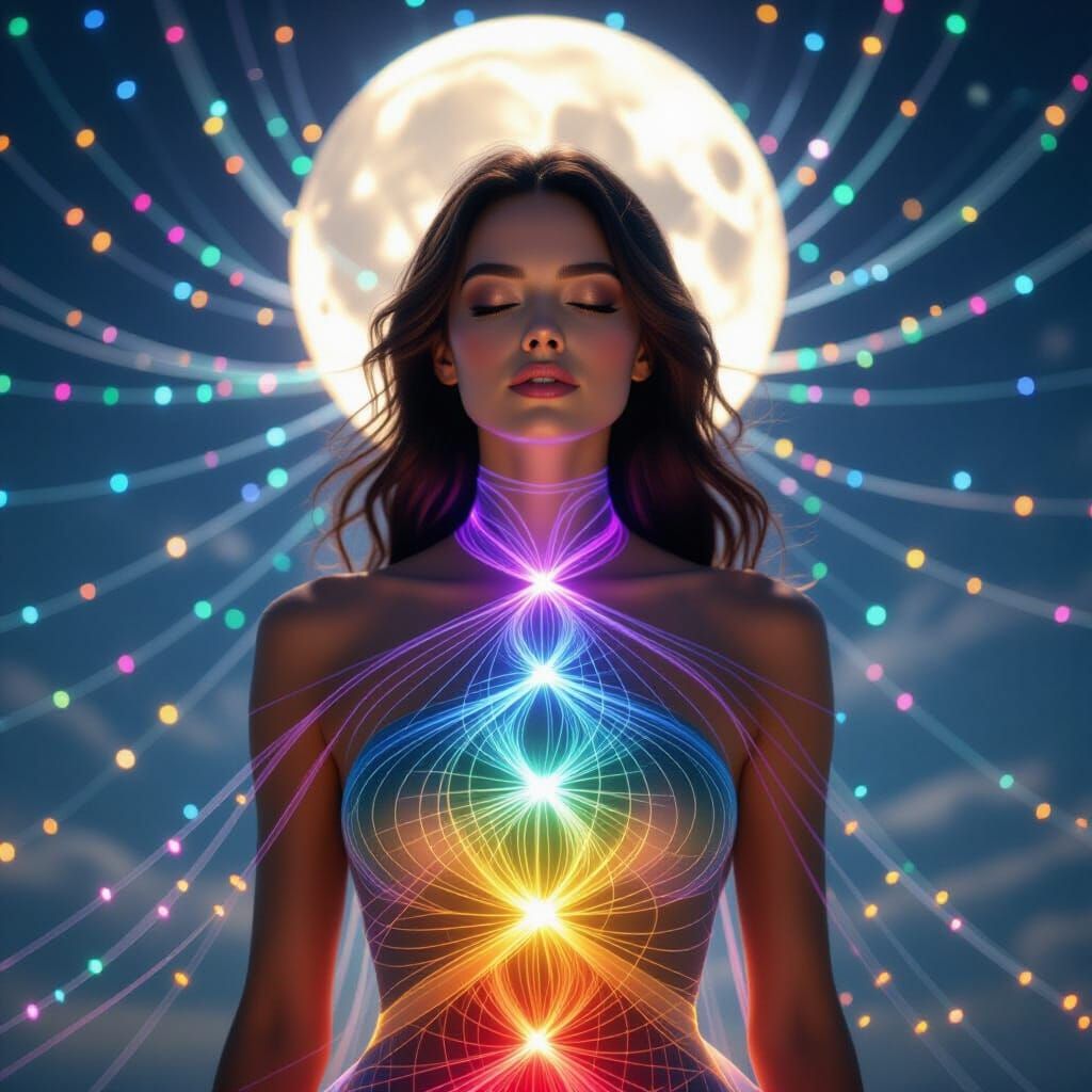 Serene Woman in Glowing Fiber Optic Dress