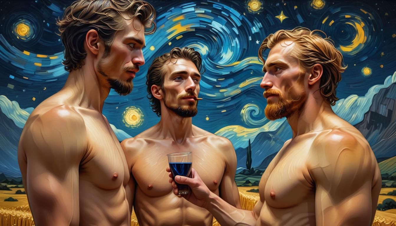 Two Men Toast Under Starry Sky as Oil Painting